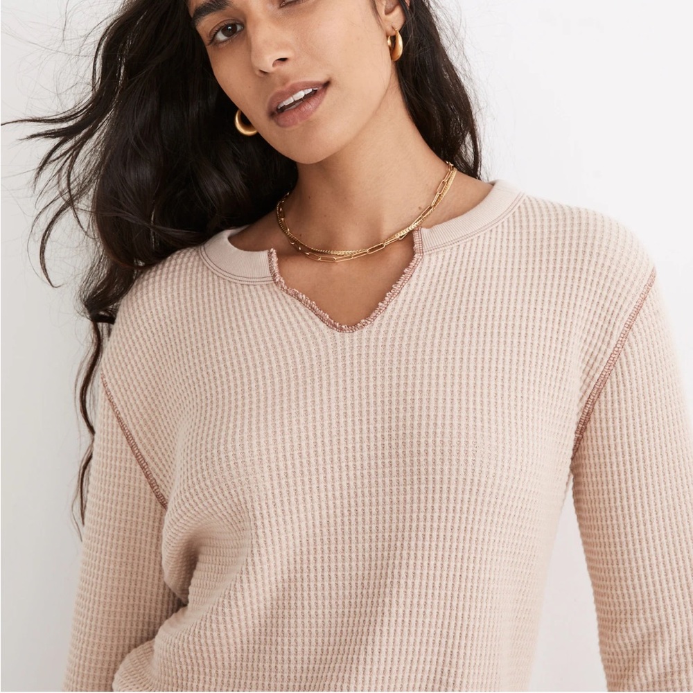 Madewell Waffle Split-Neck Tee, Antique Cream Color with Brown Details, Size XS